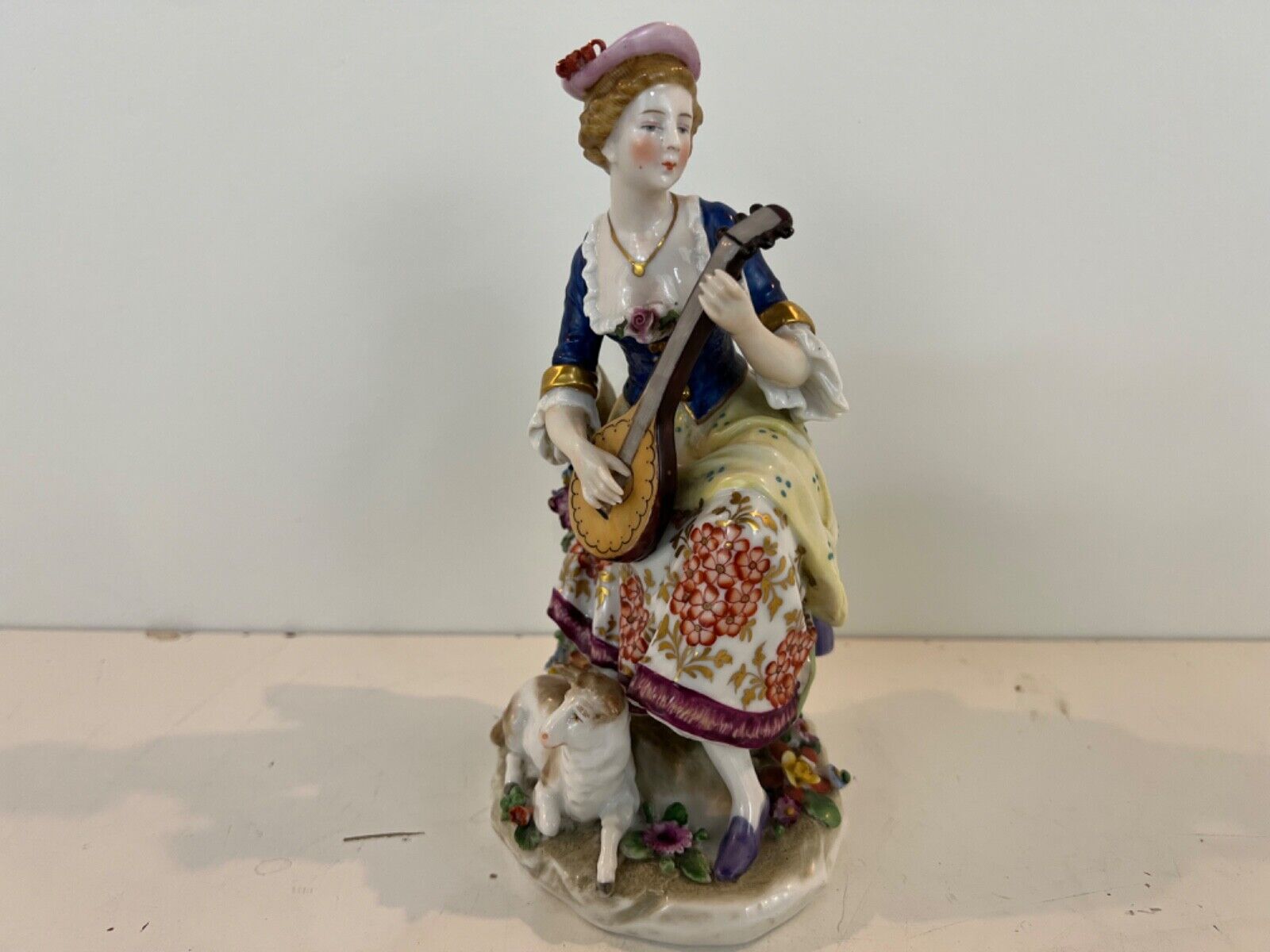 Antique Edme Samson Porcelain Female Musician Playing Mandolin w/ Sheep Figurine