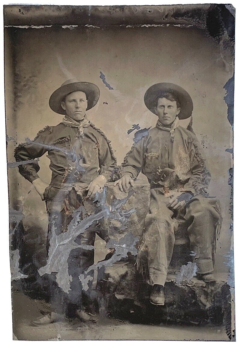 1870s Cowboys in Buckskins Armed w/ Colt Revolvers Tintype Photo