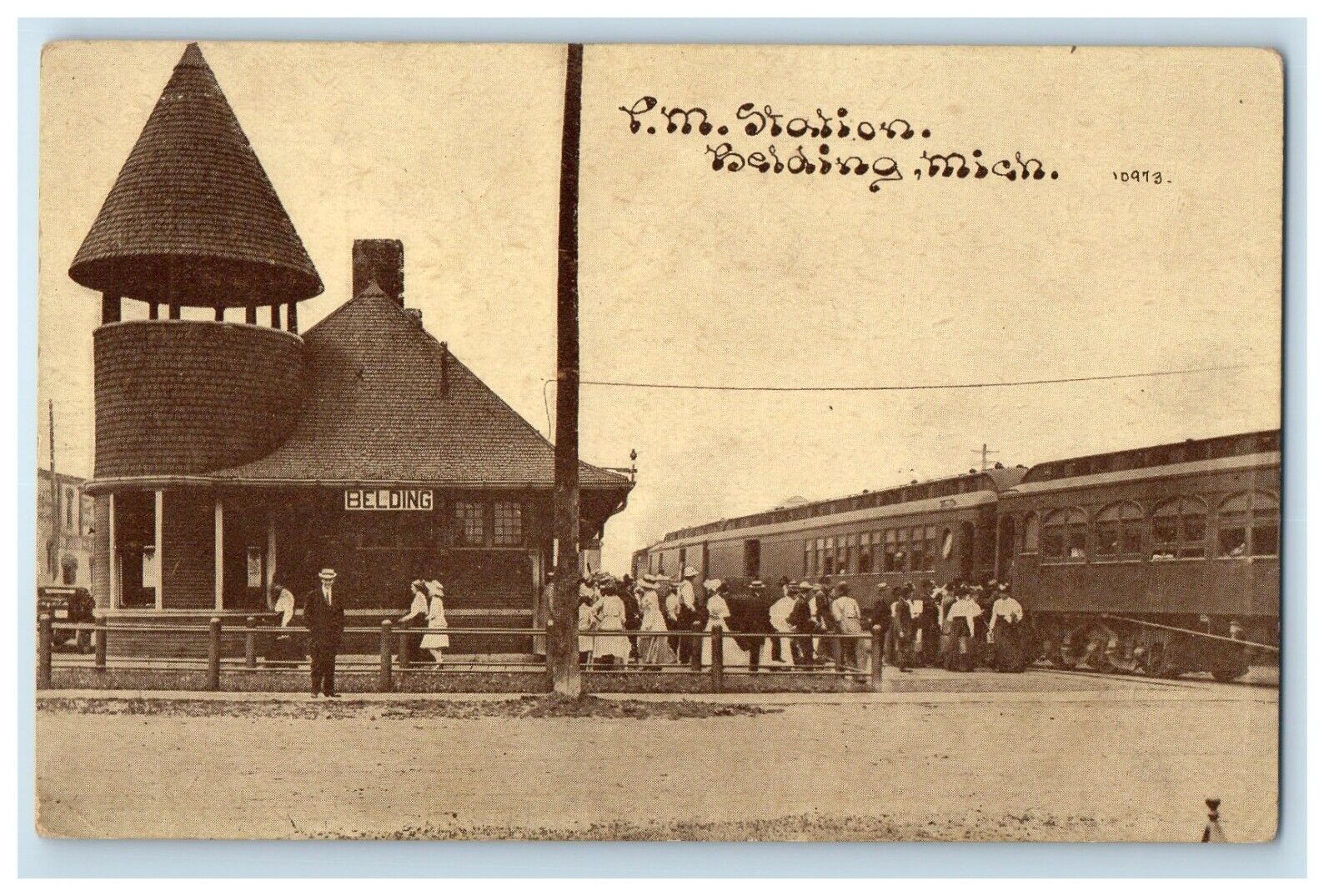 c1910's P.M. Station Depot Railroad Train Belding Michigan MI Antique Postcard