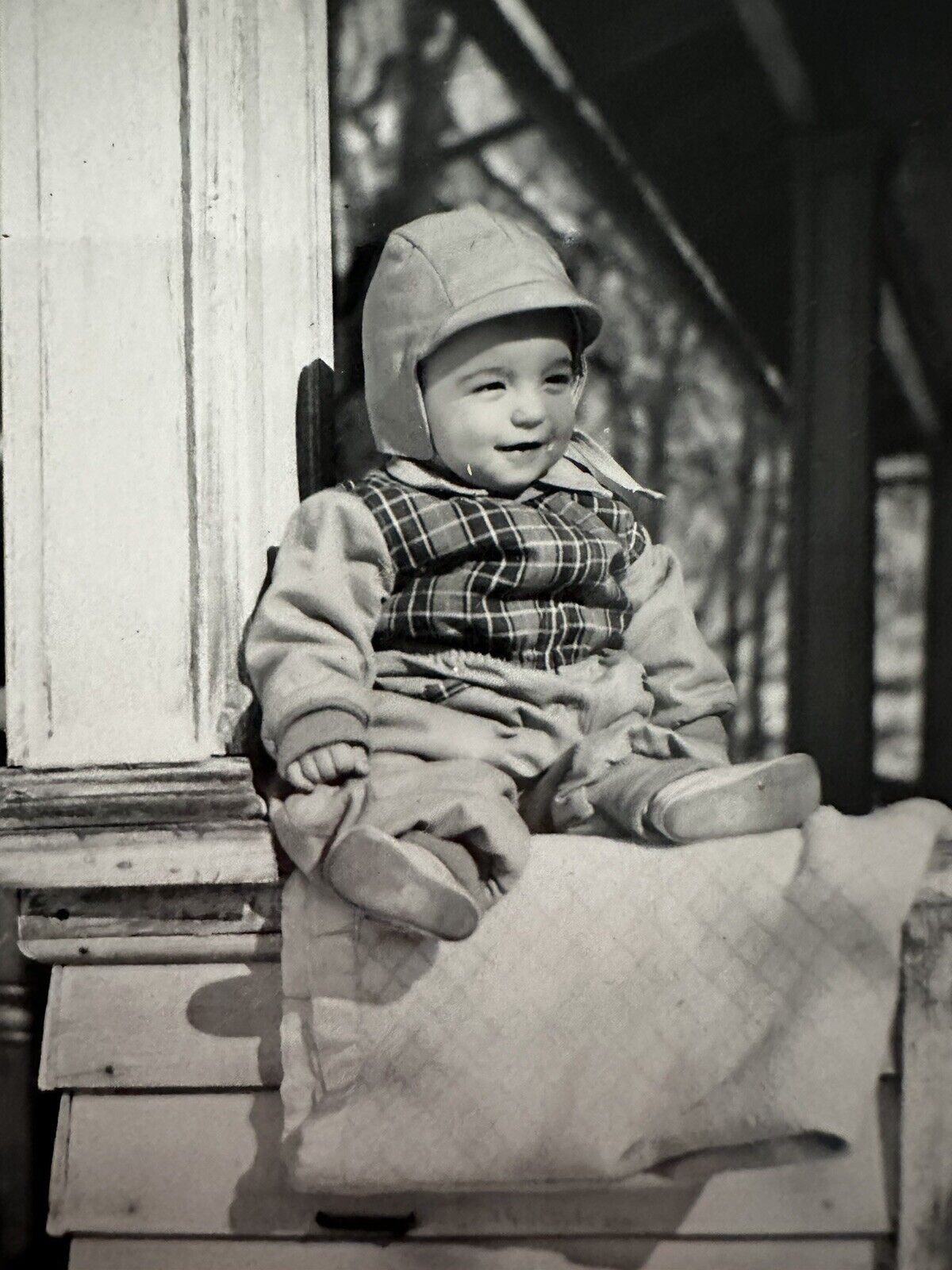 Photograph Little Boy Bundled Up Front Porch Black & White Snapshot