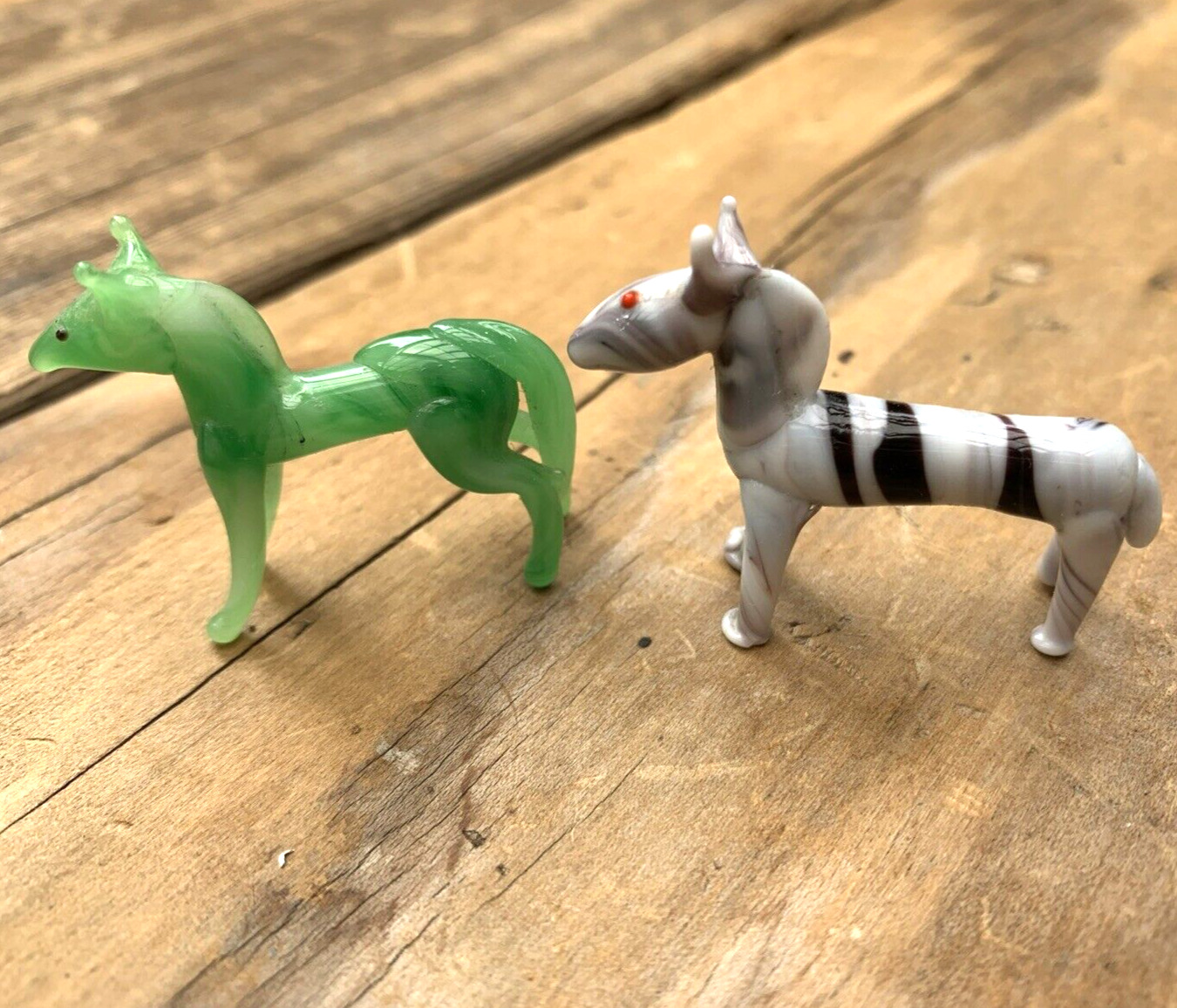 Vintage Handblown Glass Horses Mini Figurines Green & Gray Striped