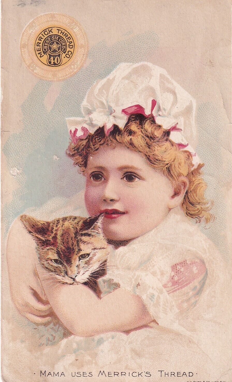 1800\'s Victorian Trade Card -Merrick Thread -Girl w Kitty -#b1