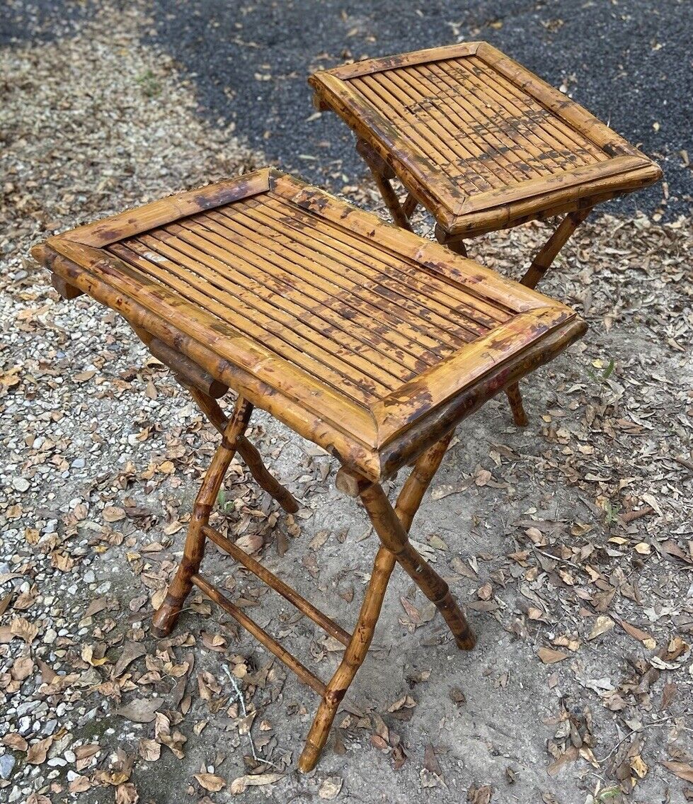 Vintage Mid-century Bamboo Tiki Boho TV Tray Folding Tables Pair