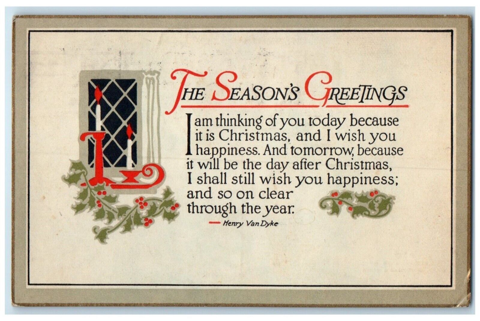 1917 Season\'s Greetings Candles Holly Berries Arts Crafts Boston Davis Postcard
