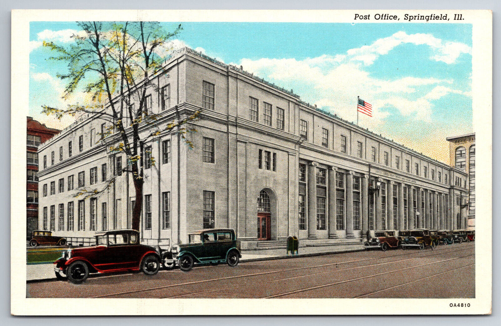 Vintage Postcard IL Springfield Post Office 20s Cars White Border ~3684