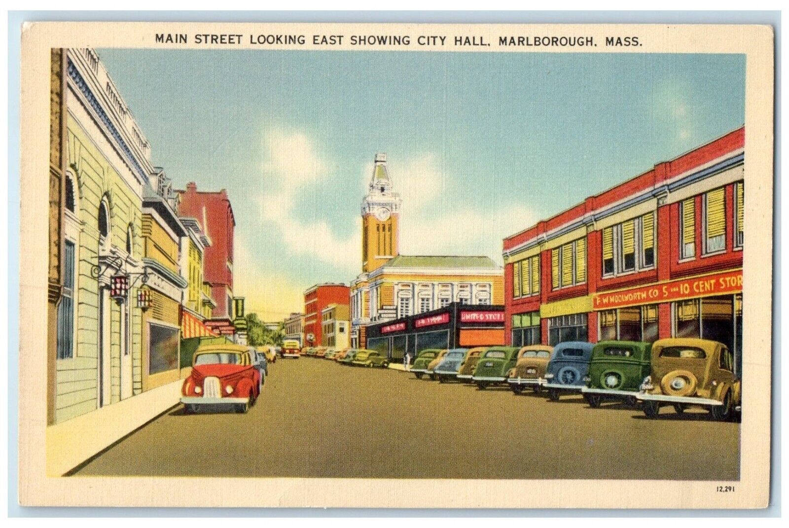 c1940 Main Street Looking East City Hall Marlborough Massachusetts MA Postcard