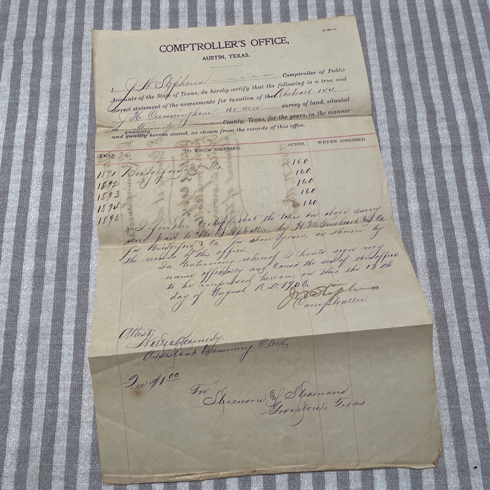 Texas Comptrollers Office 1903 Signed J. W. Stephens 