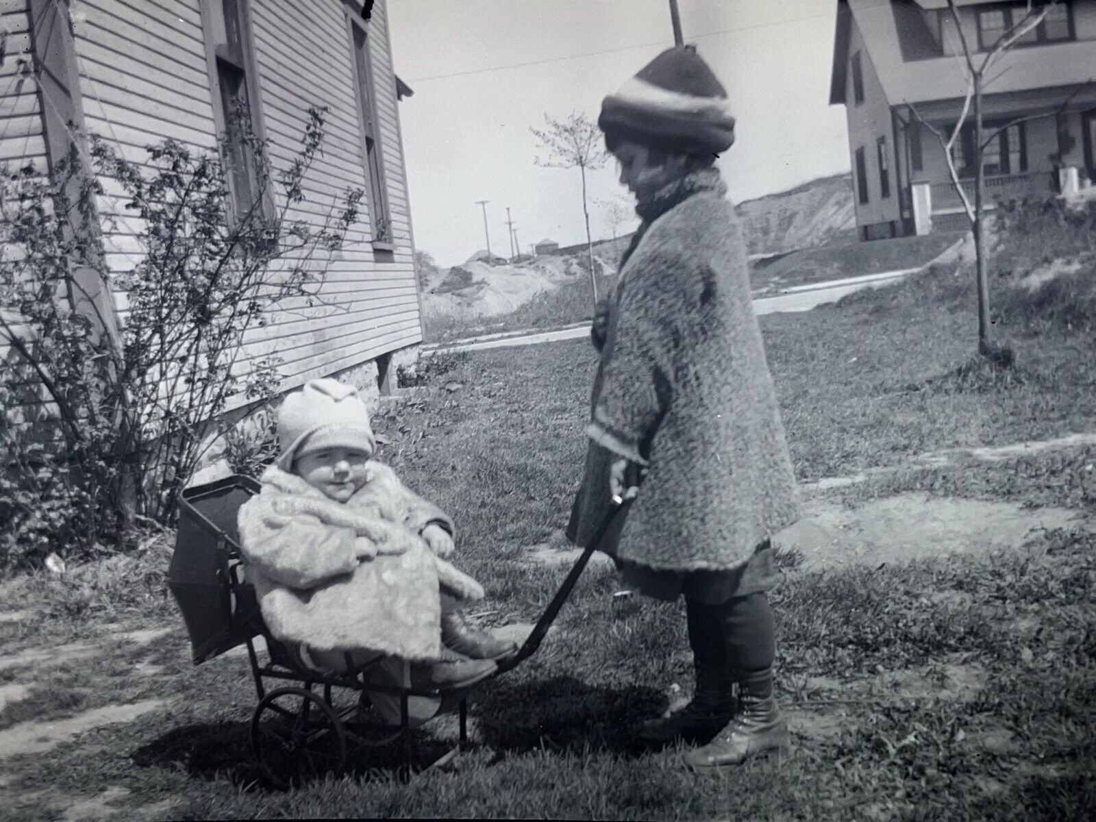 Vintage Photo Negative 1930s Child Pulling Baby In Tiny Wagon Sled Carriage