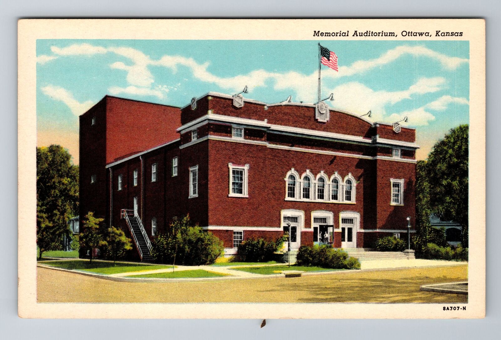 Ottawa KS-Kansas, Memorial Auditorium, Antique, Vintage Souvenir Postcard