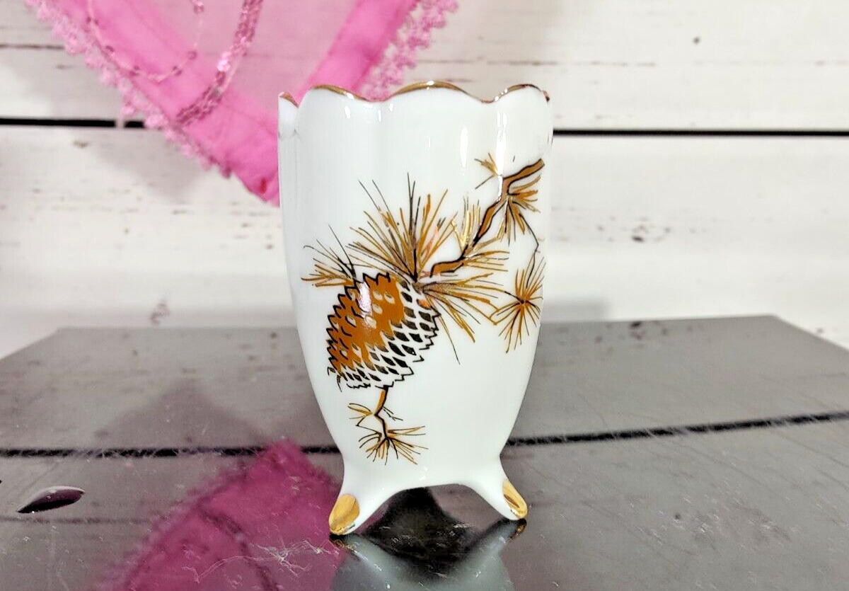 Vintage Porcelain Gold Trimmed Three Footed Hand Painted Toothpick Holder 2.5\