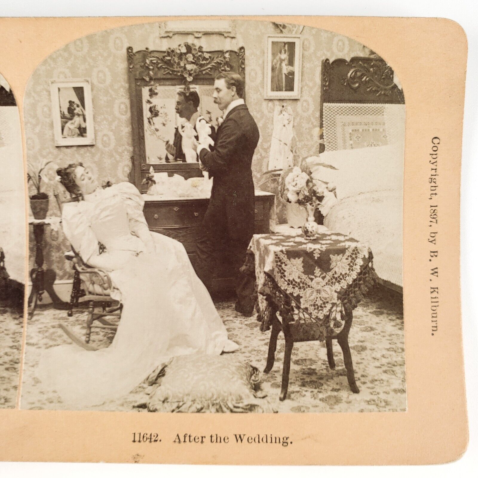 Exhausted Bride After Wedding Stereoview c1897 Vanity Man Spraying Perfume A2683