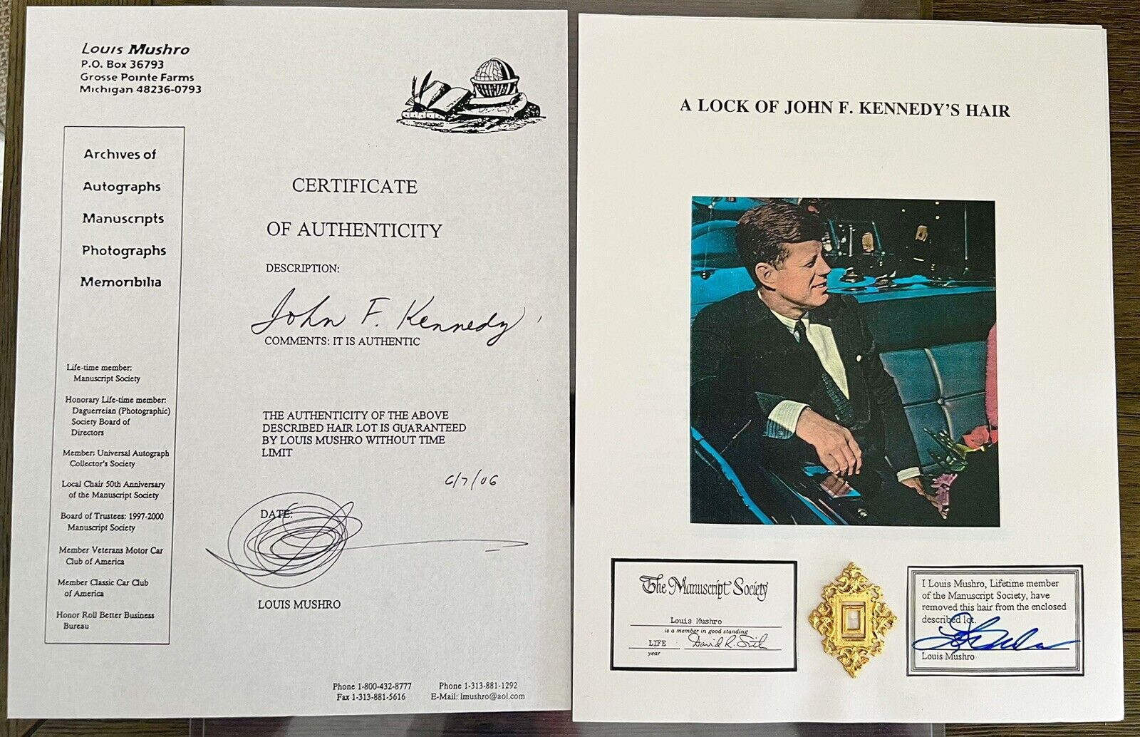 John F Kennedy Hair Certified Louis Mushro Manuscript Society Lock of JFK’s Hair