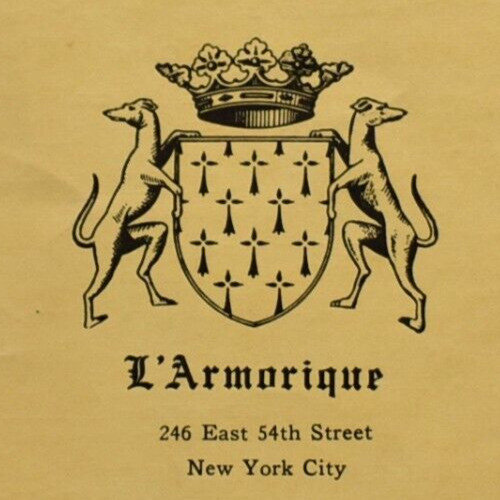 1950s L\'Armorique French Restaurant Menu 246 East 56th Street New York City