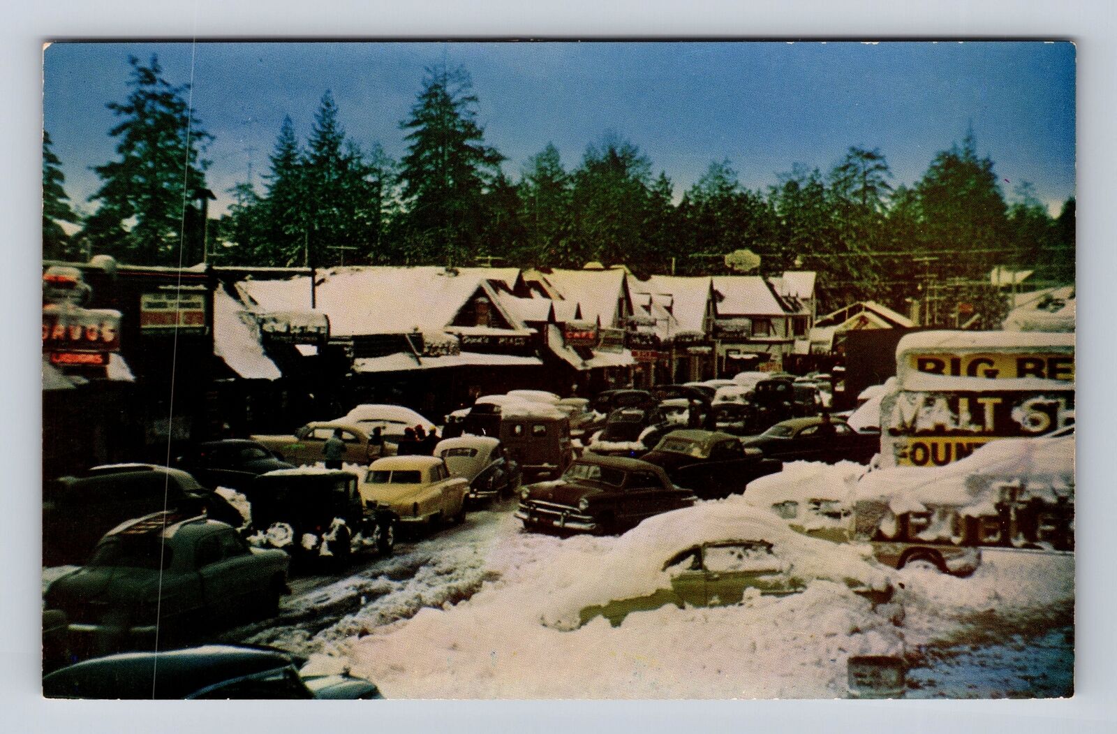 Big Bear Lake CA-California, Winter Snowy Main Street, Vintage c1950 Postcard