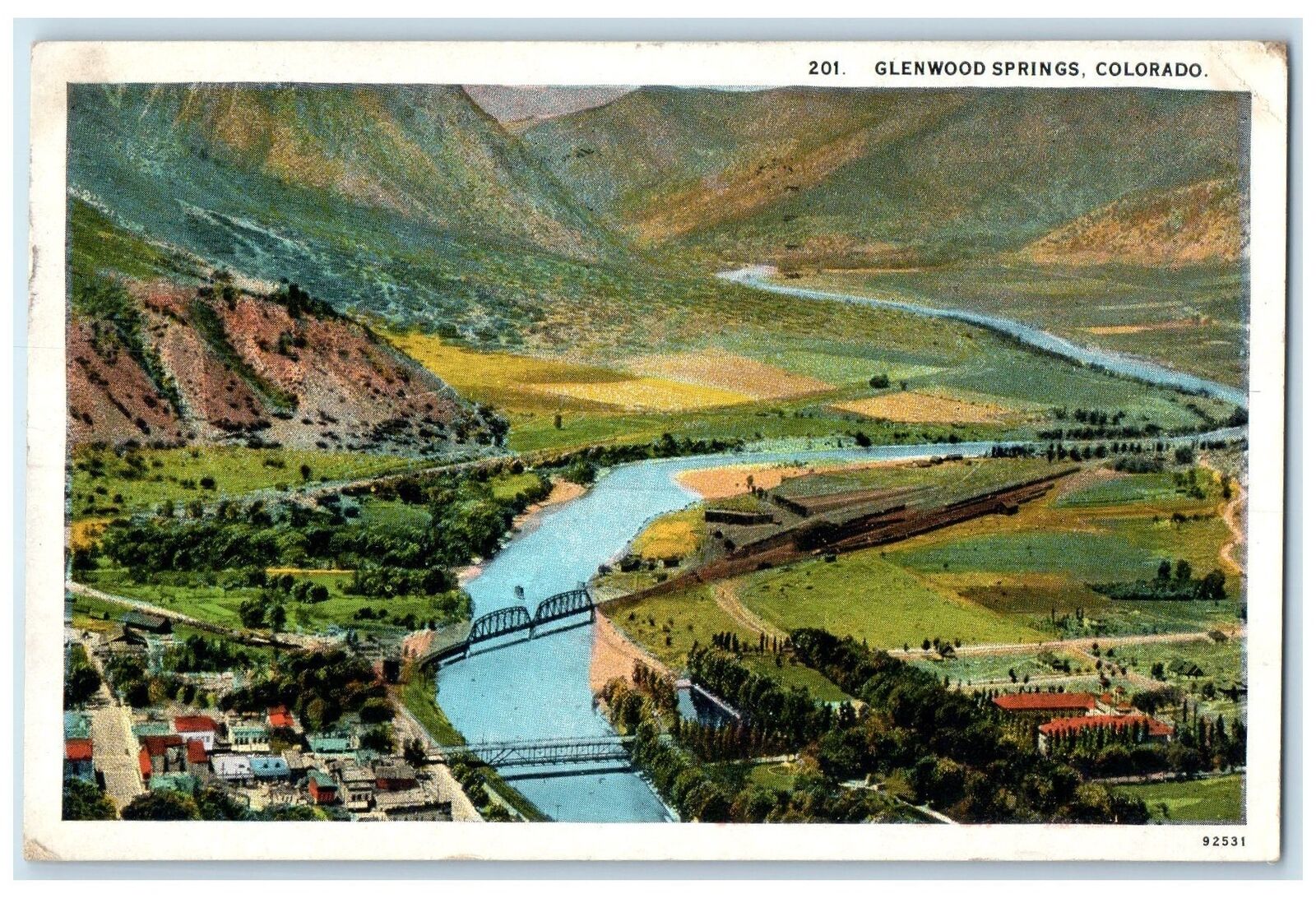 1928 Aerial View Truss Bridge Lake Plains Glenwood Springs Colorado CO Postcard