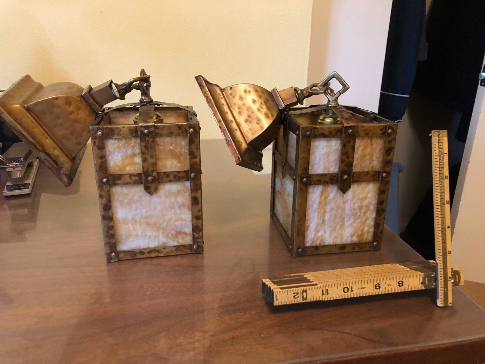 Pair of vintage arts and crafts slag glass lanterns (see details)