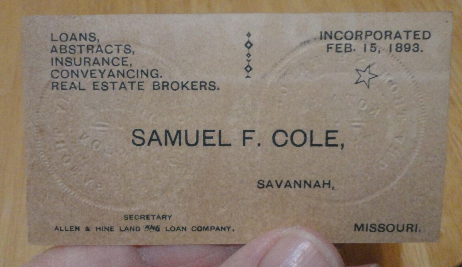 c1900 Savannah Georgia Samuel F Cole Real Estate Loans business card