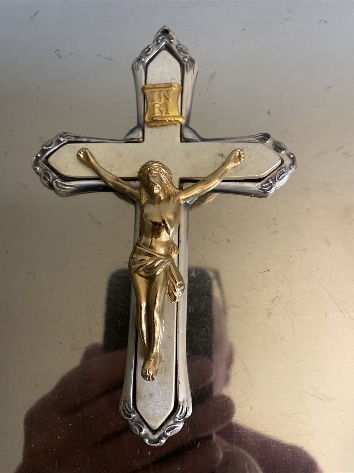 Vintage Hanging Crucifix Cross Two Tone Metal 6” Religious Jesus. Heavy