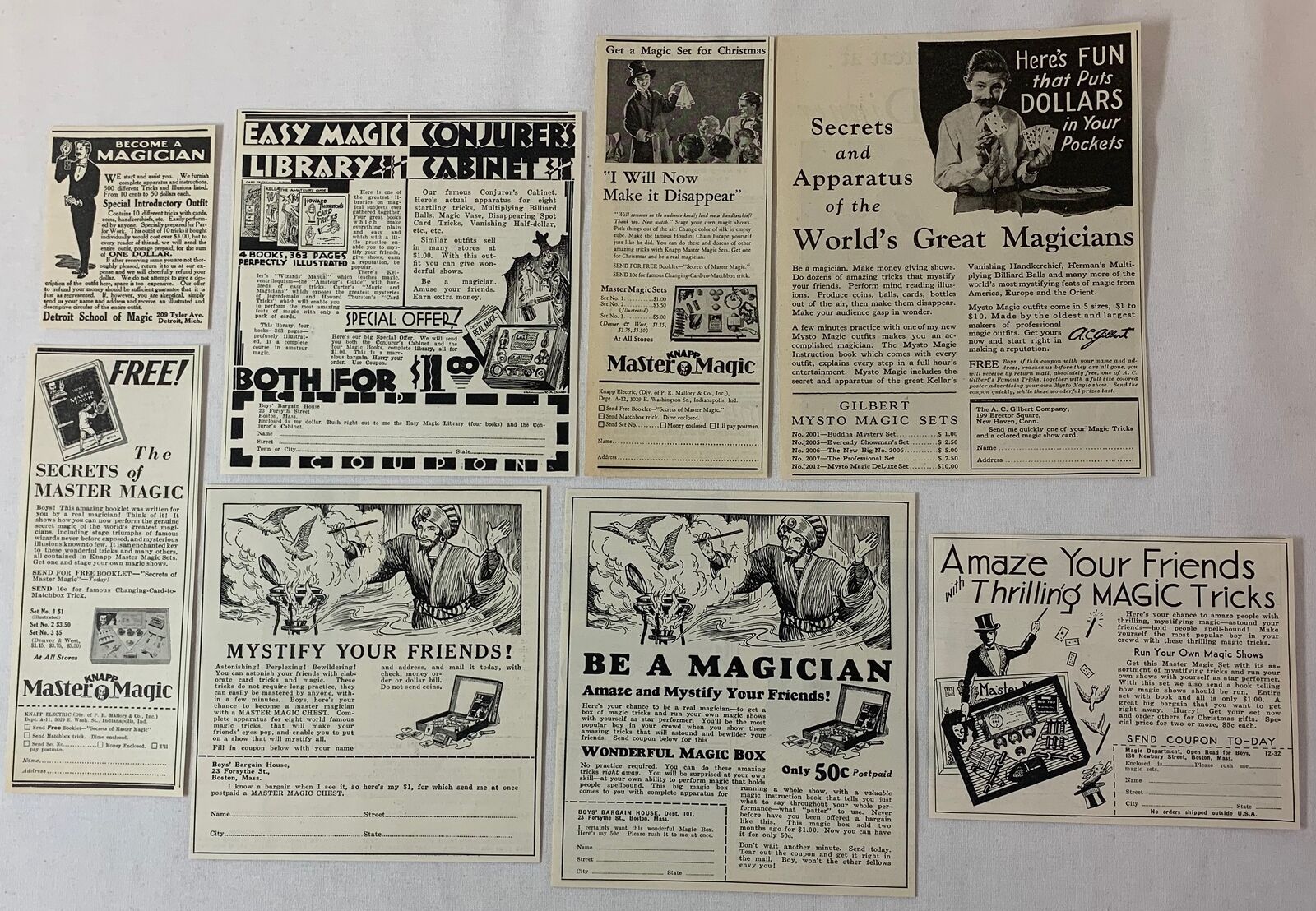 lot of eight MAGIC ads ~ Be A Magician ~ 1912-1932