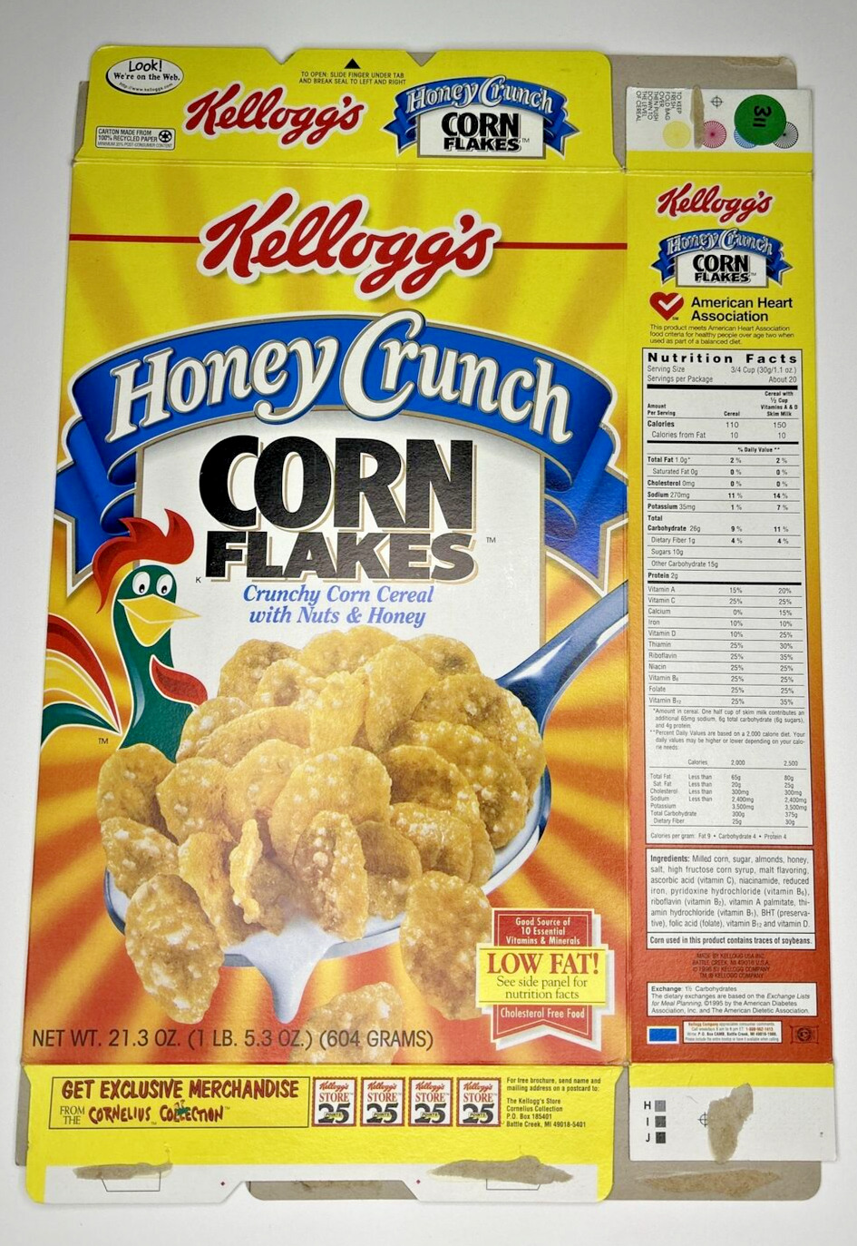 1998 Empty Kellogg\'s Honey Crunch Corn Flakes 21.3OZ Cereal Box SKU U200/311