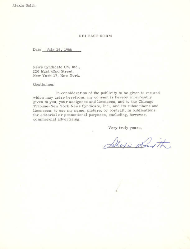 ALEXIS SMITH - DOCUMENT SIGNED 07/15/1966