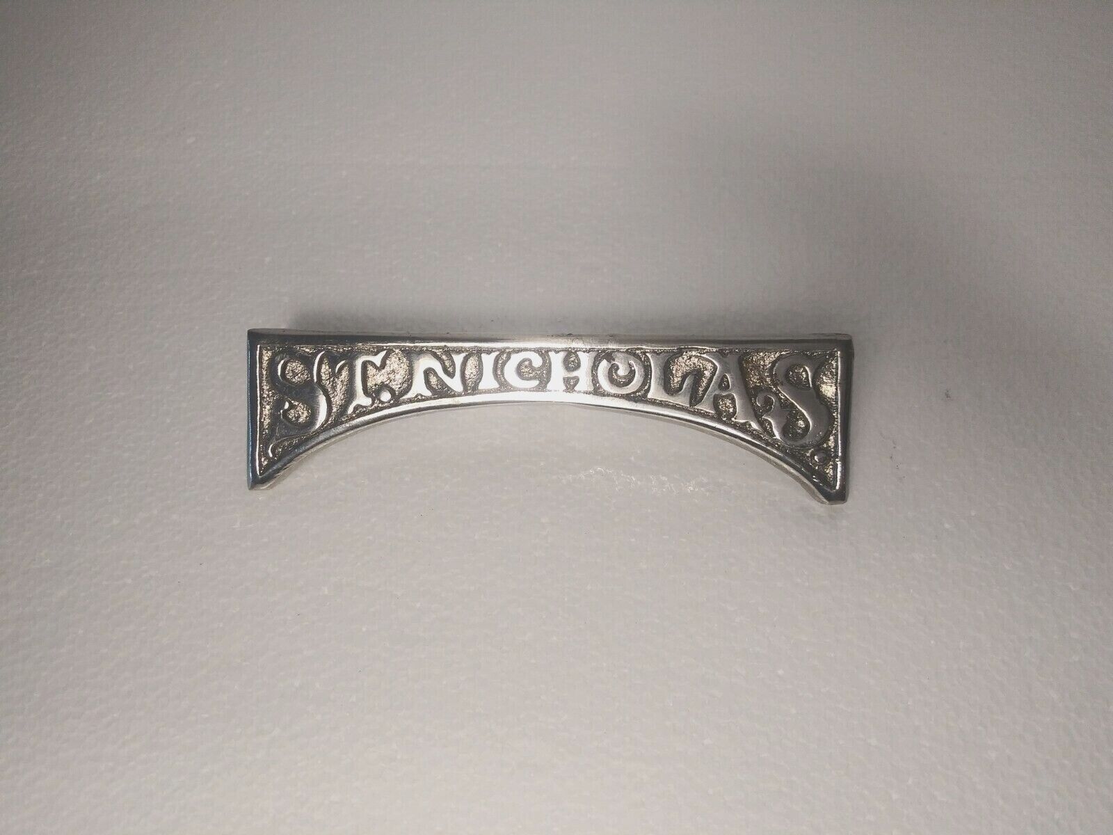 Vintage Cast Iron Nickel Plated St  Nicholas Name Plate Plaque 