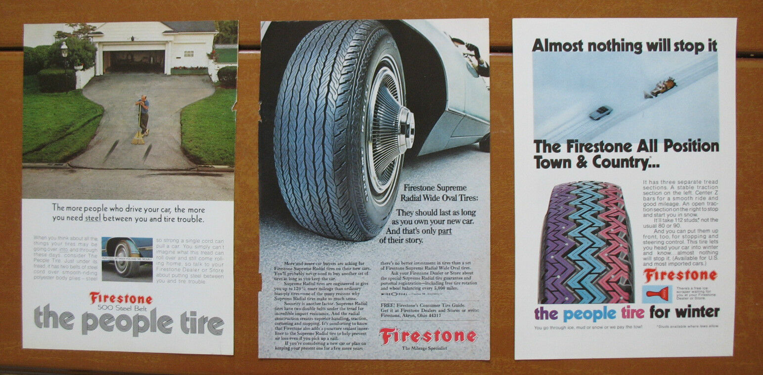(3) 1970 1972 Firestone Tire ads \'70 \'72, National Geographic, 6.5 x 10, Nat Geo