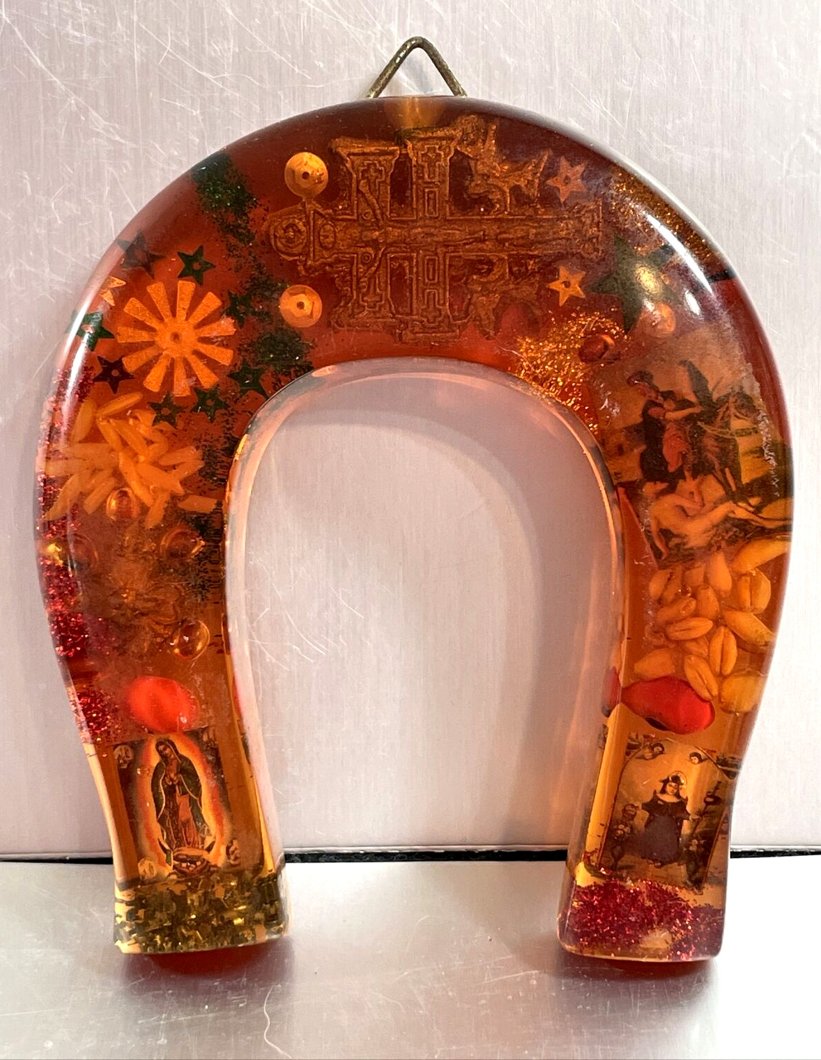Vintage Lucite Horseshoe Embedded Grains Holy Images Madonna Wall Plaque 1960's