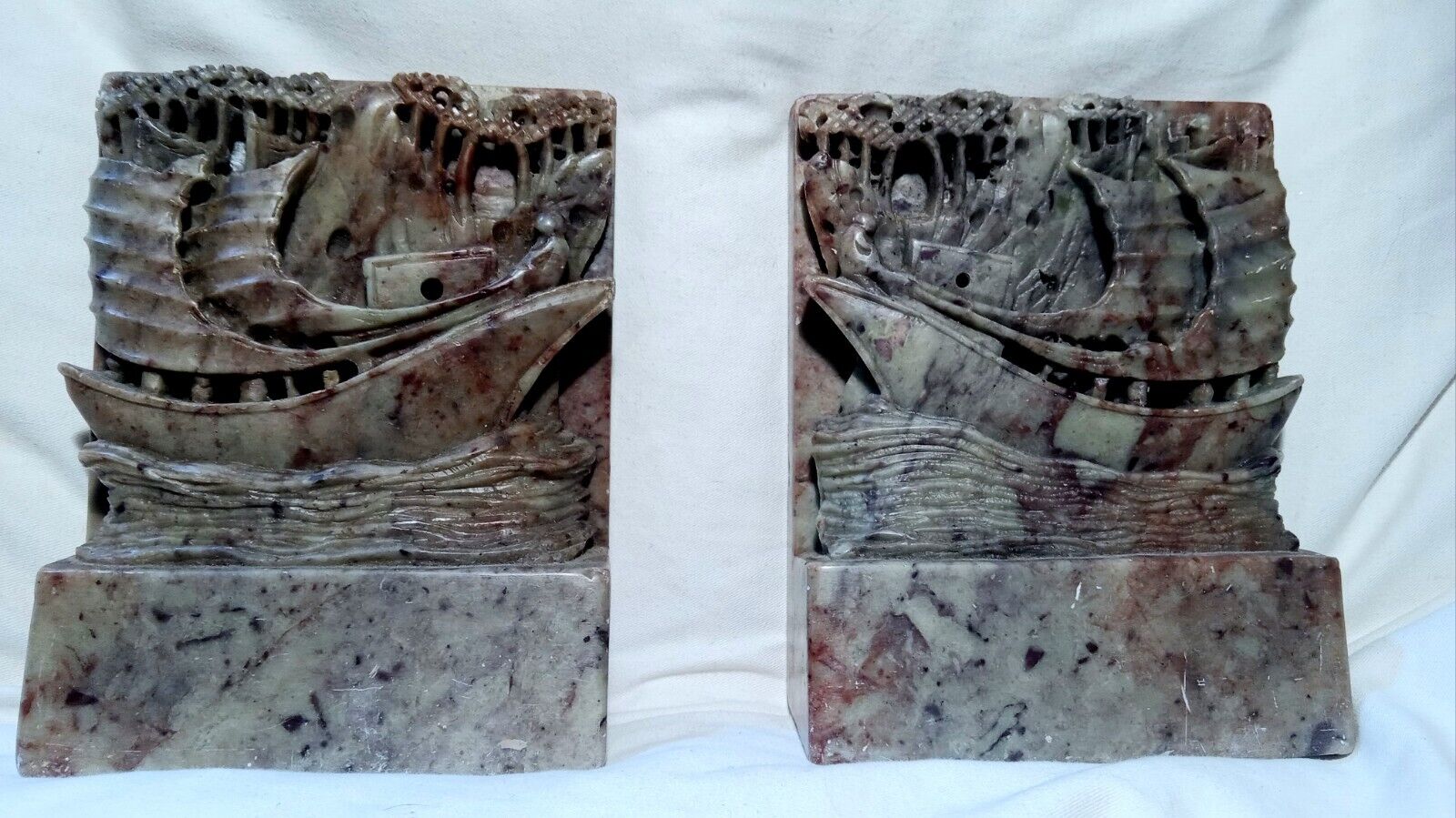 Vintage Matching Pair Chinese Soapstone Hand Carved Ship/Junk (Boat)  Bookends