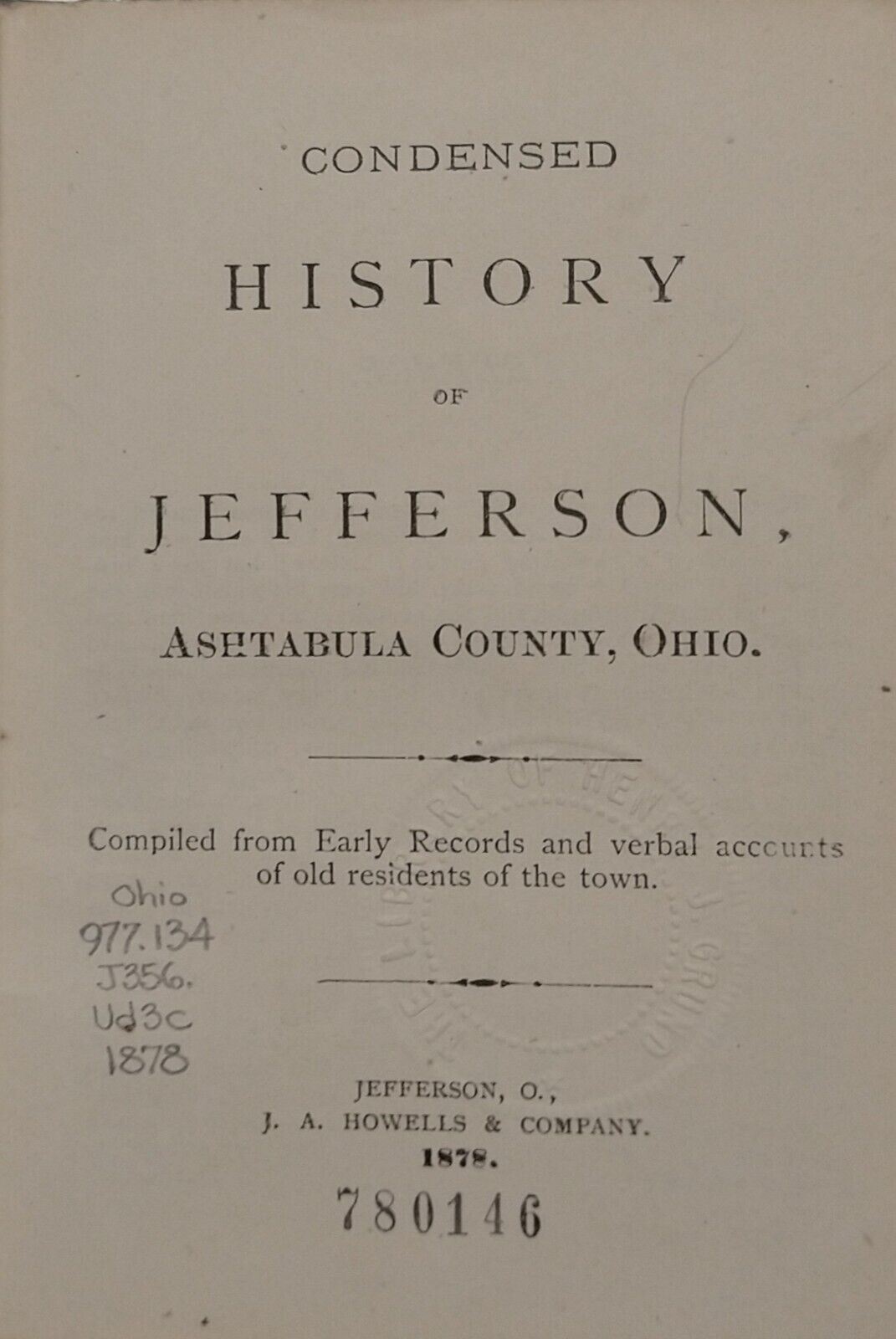 Antique 1878 Condensed History of Jefferson Ashtabula County  OH Genealogy Book