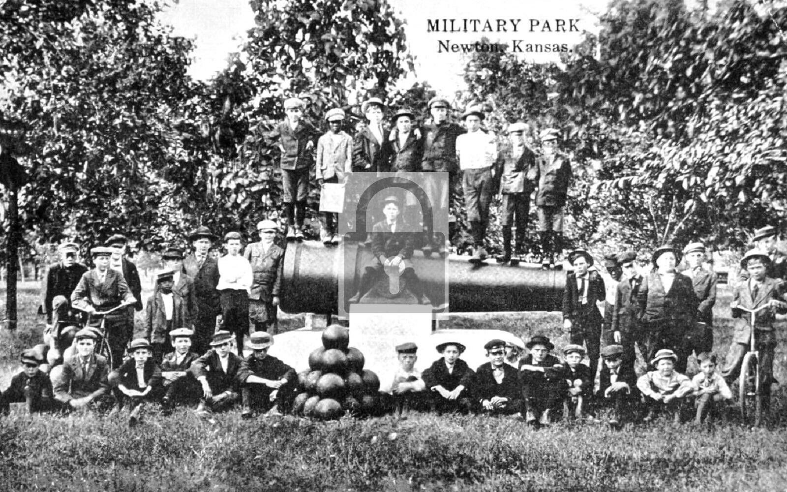 Military Park Boys Posing With Cannon Newton Kansas KS Reprint Postcard