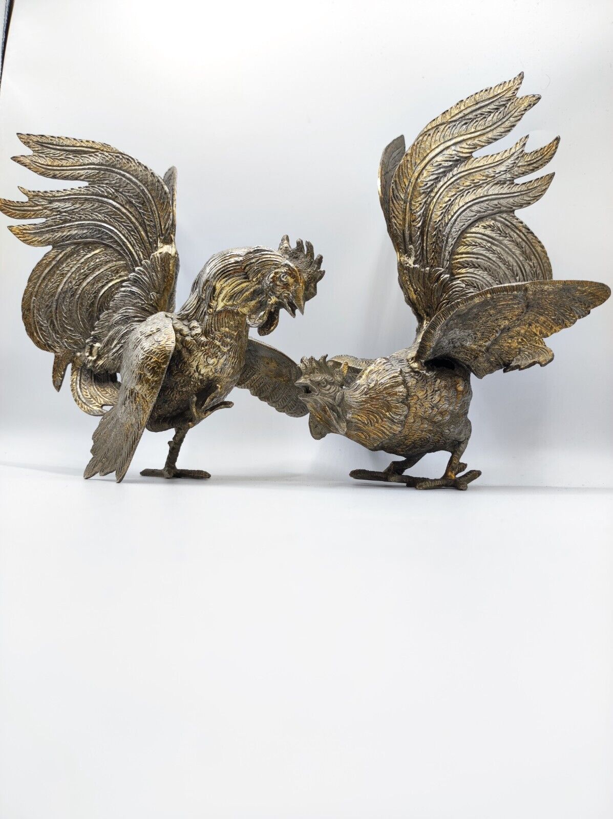 Silver Plated Vintage Fighting Cocks Roosters French Vintage Statues Figurines