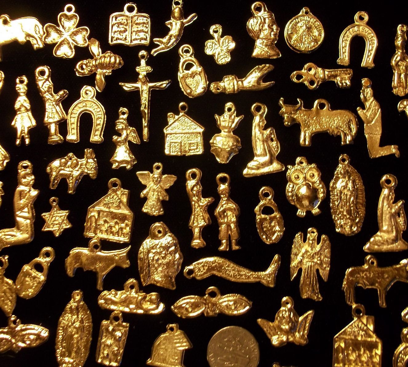 25 Milagros Charms Mexican Folk Art Imported Shiny GOLD Ex Votos Dijes Miracle
