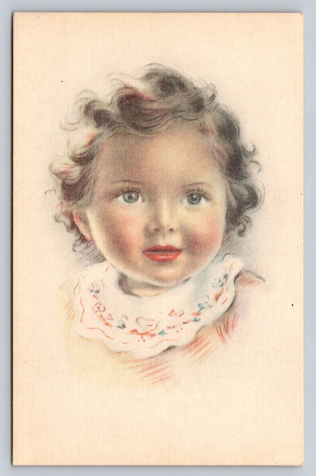 Rare Unused Portrait Drawing PC Angelic Sweet Rosy Cheek Child Printed in Spain