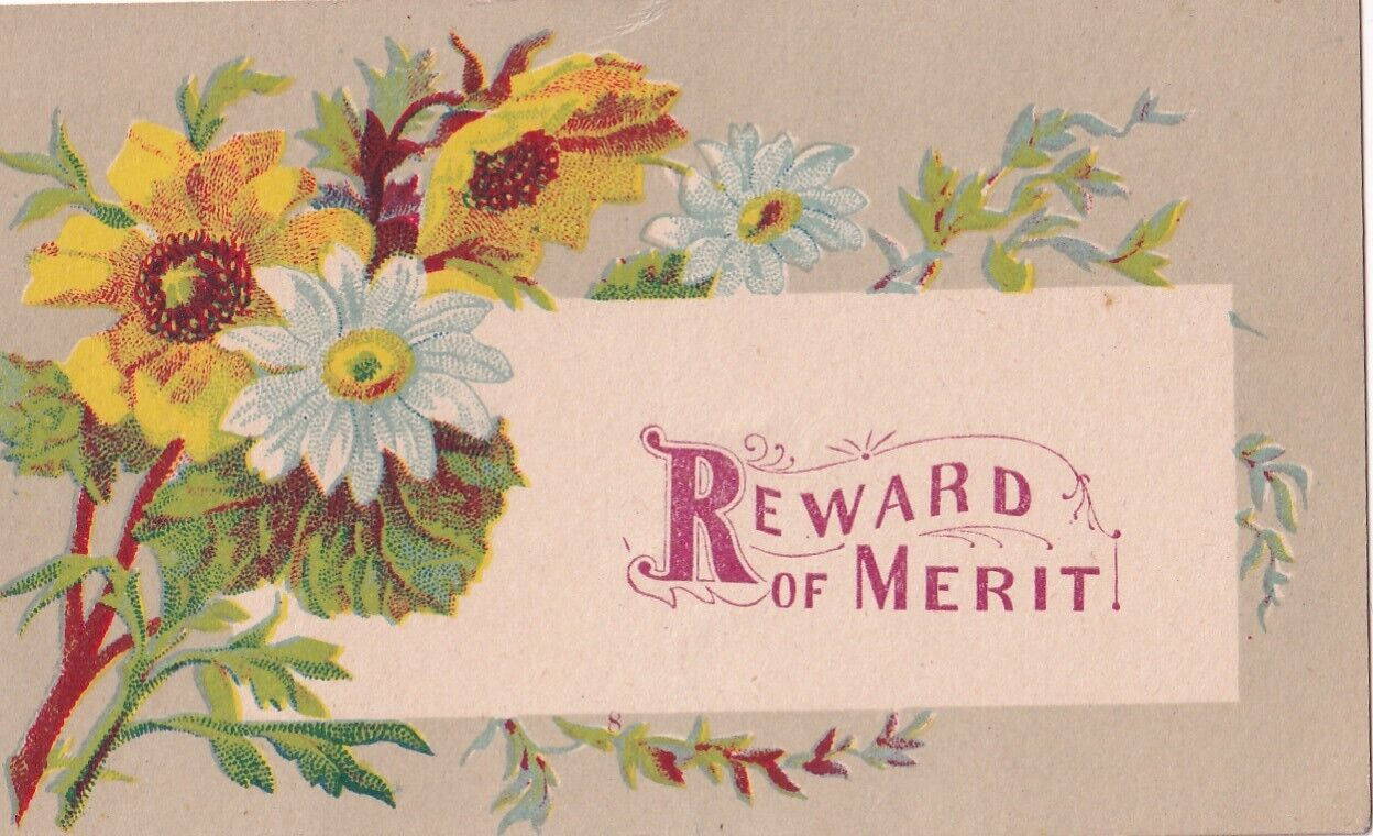 1800\'s Victorian Card -Reward of Merit - Sunflower & Daisies