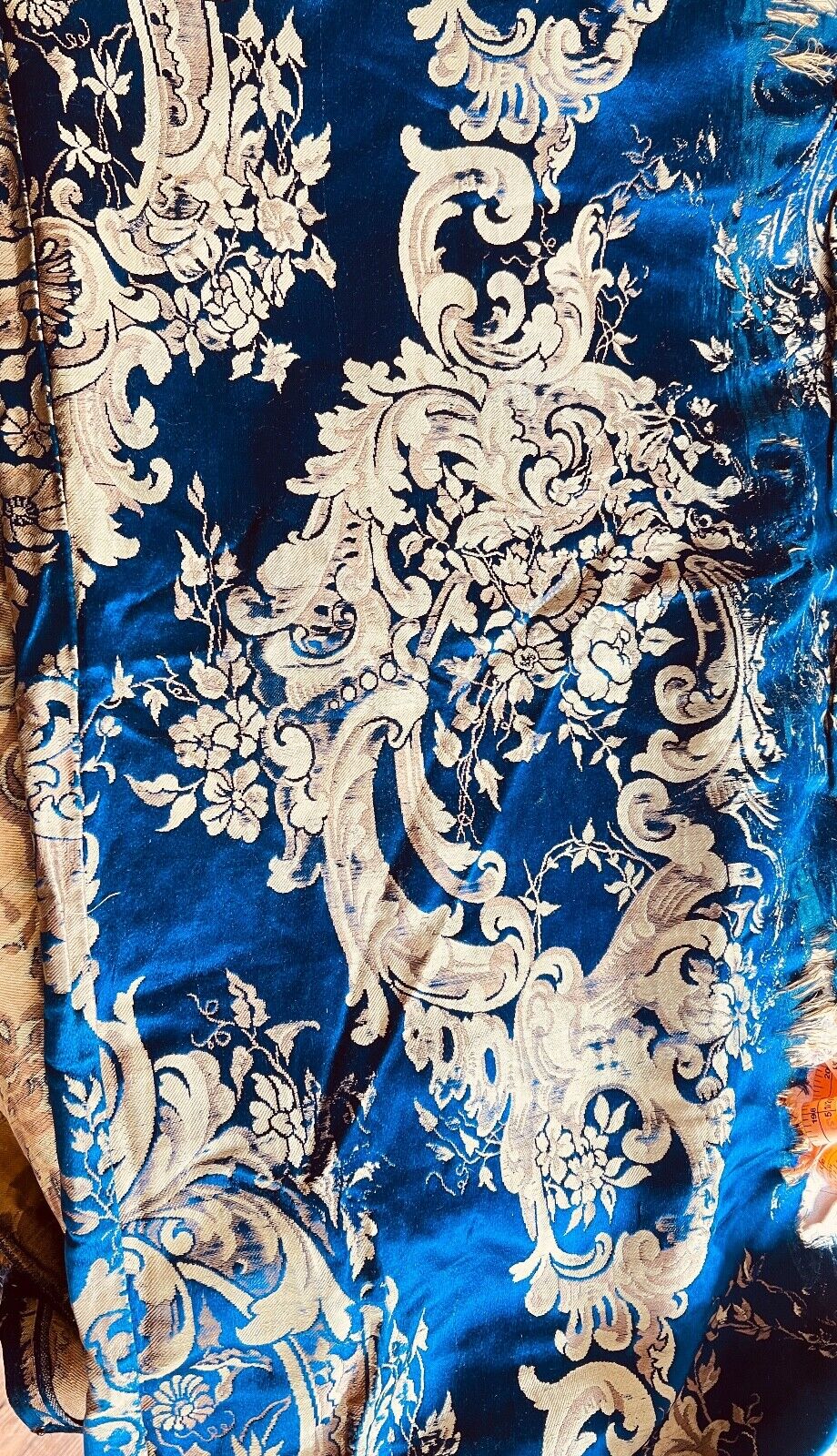 Antique 19th French Lyon Silk Satin Brocade  Blue and Gold  VV666