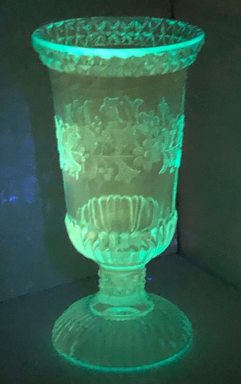 Antique Adams & Co. Wildflower Tall Blue Cup Uranium Vaseline Glass Circa 1880\'s