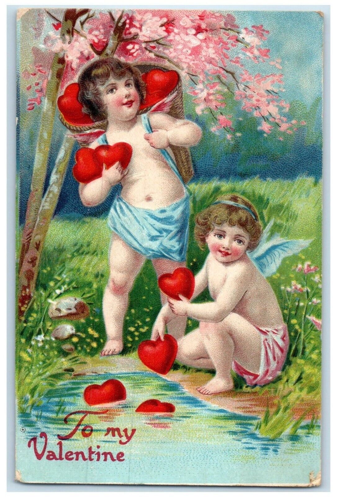 c1910's Valentine Angels Collecting Hearts Blossom Tree Rockville IN Postcard