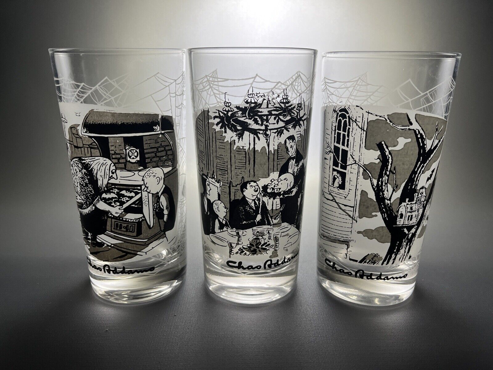 Charles Addams Family Glass Tumblers - Set of 3 - Excellent Condition 