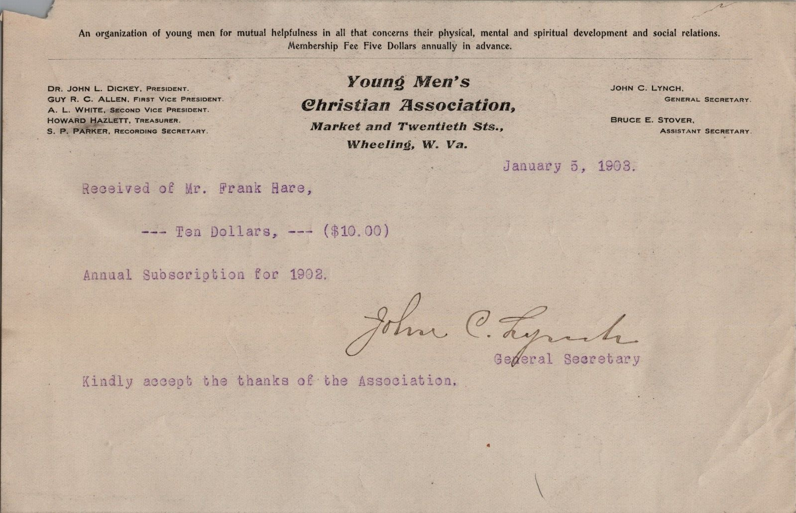 1903 Billhead Young Men\'s Christian Association Dues Invoice Wheeling WV