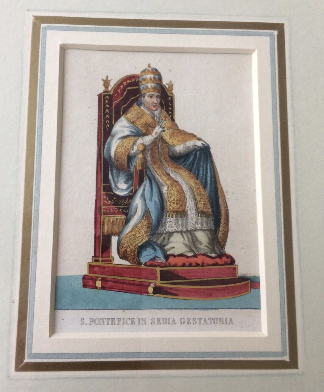 Antique hand colored lithograph s. pontefice in sedia gestatoria french mat