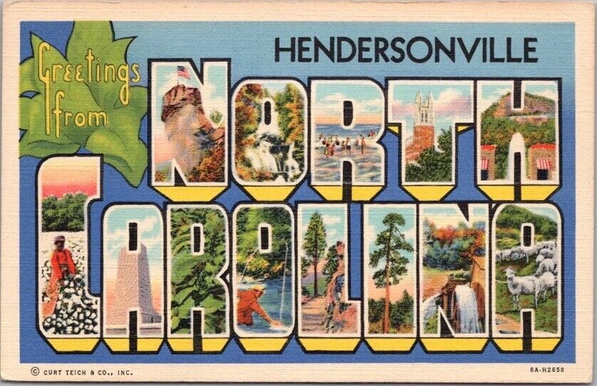HENDERSONVILLE, NORTH CAROLINA Large Letter Postcard Curteich Linen c1938 Unused