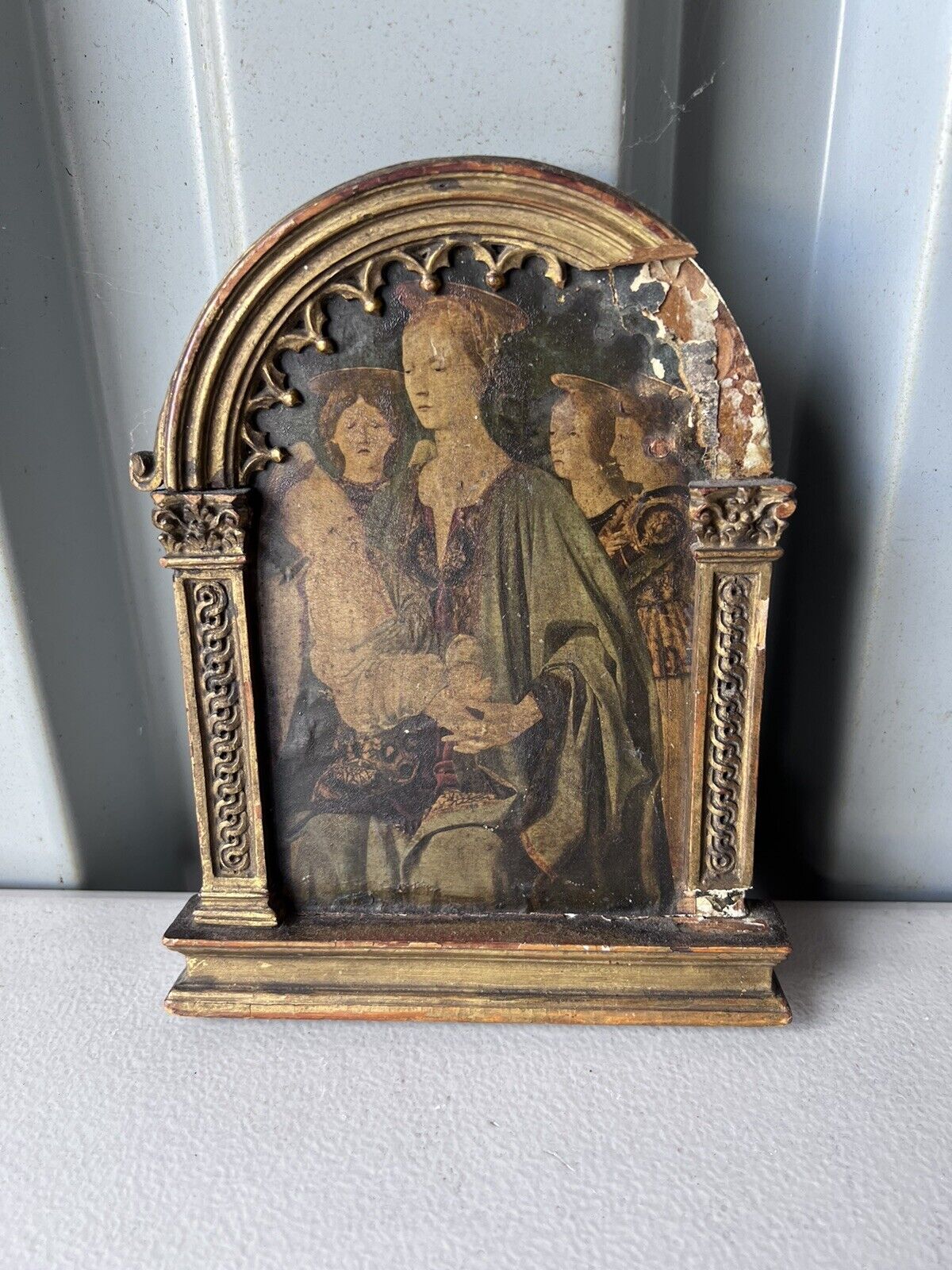 Antique French Religious Gilt Wood Triptych Virgin Mary & Child Jesus 19th C