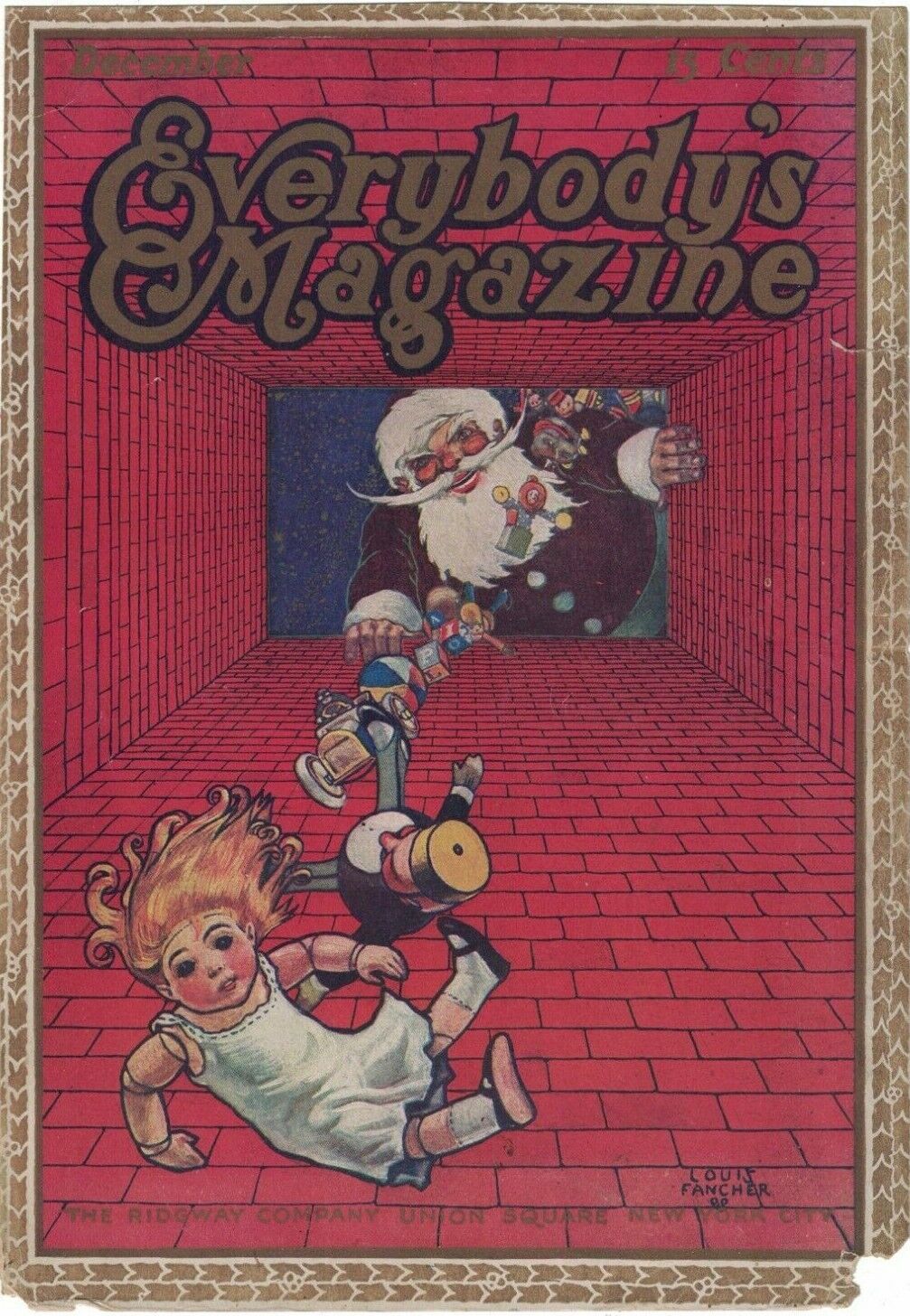 1908 Everybody\'s December cover only - Santa Claus throws toys down Chimney