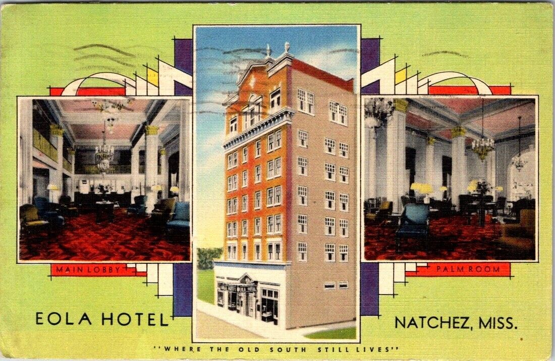 Postcard Eola Hotel Natchez Miss. Main Lobby Palm Room Linen Card Posted 1941