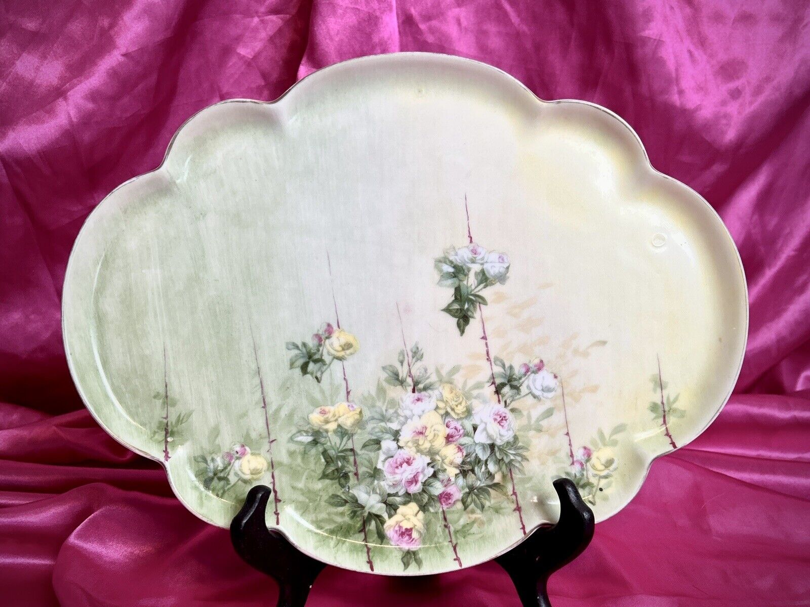Antique Hand Painted Porcelain Dresser Tray Vanity White & Pink Roses Germany
