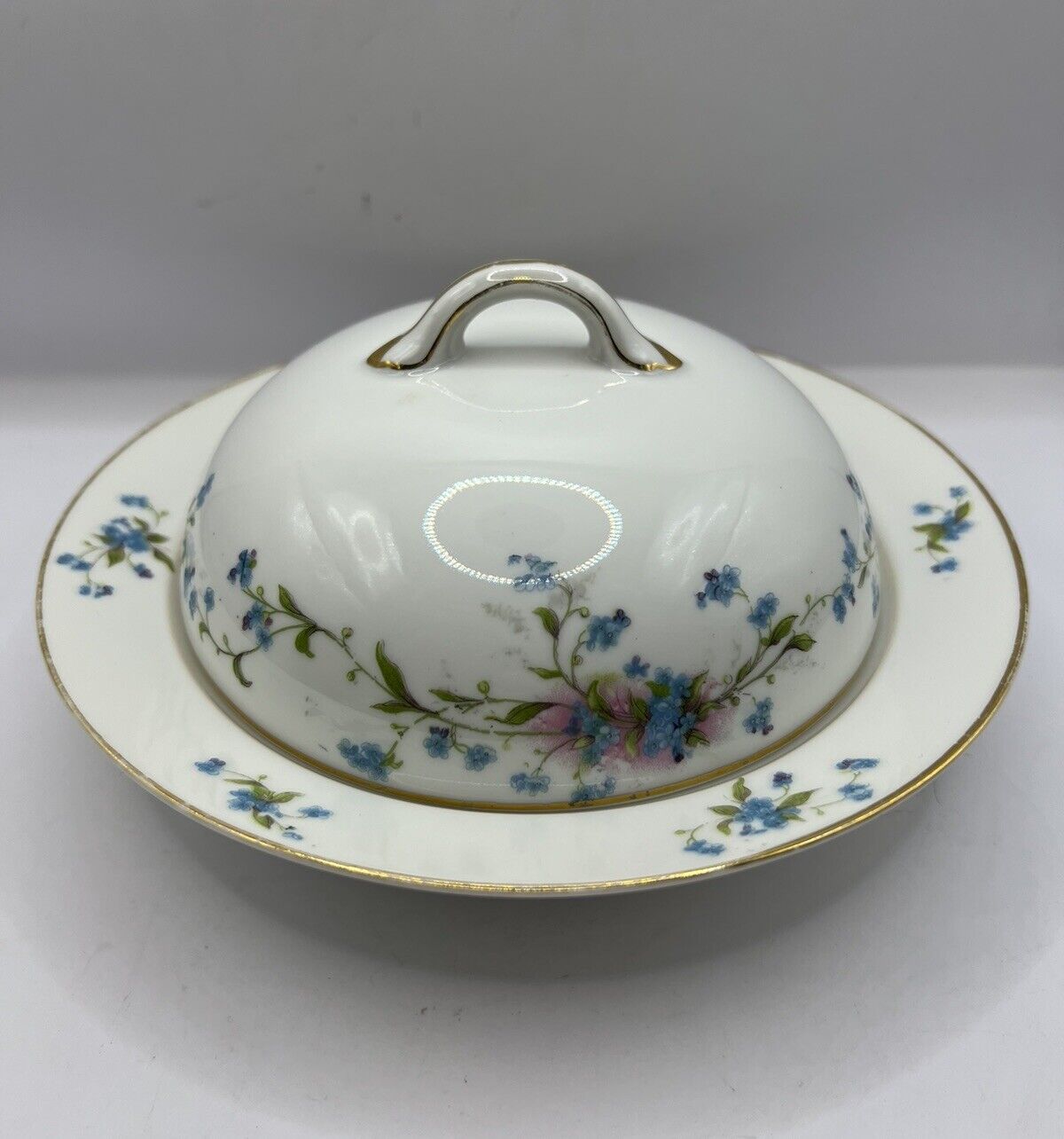 Antique Nippon Round Butter Dome Covered Dish Hand Painted Blue Flowers