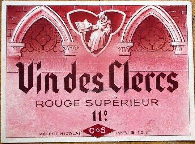 French Wine Label 1950s Original Art/Hand-Painted w/Monk, \'Vin des Clercs\'