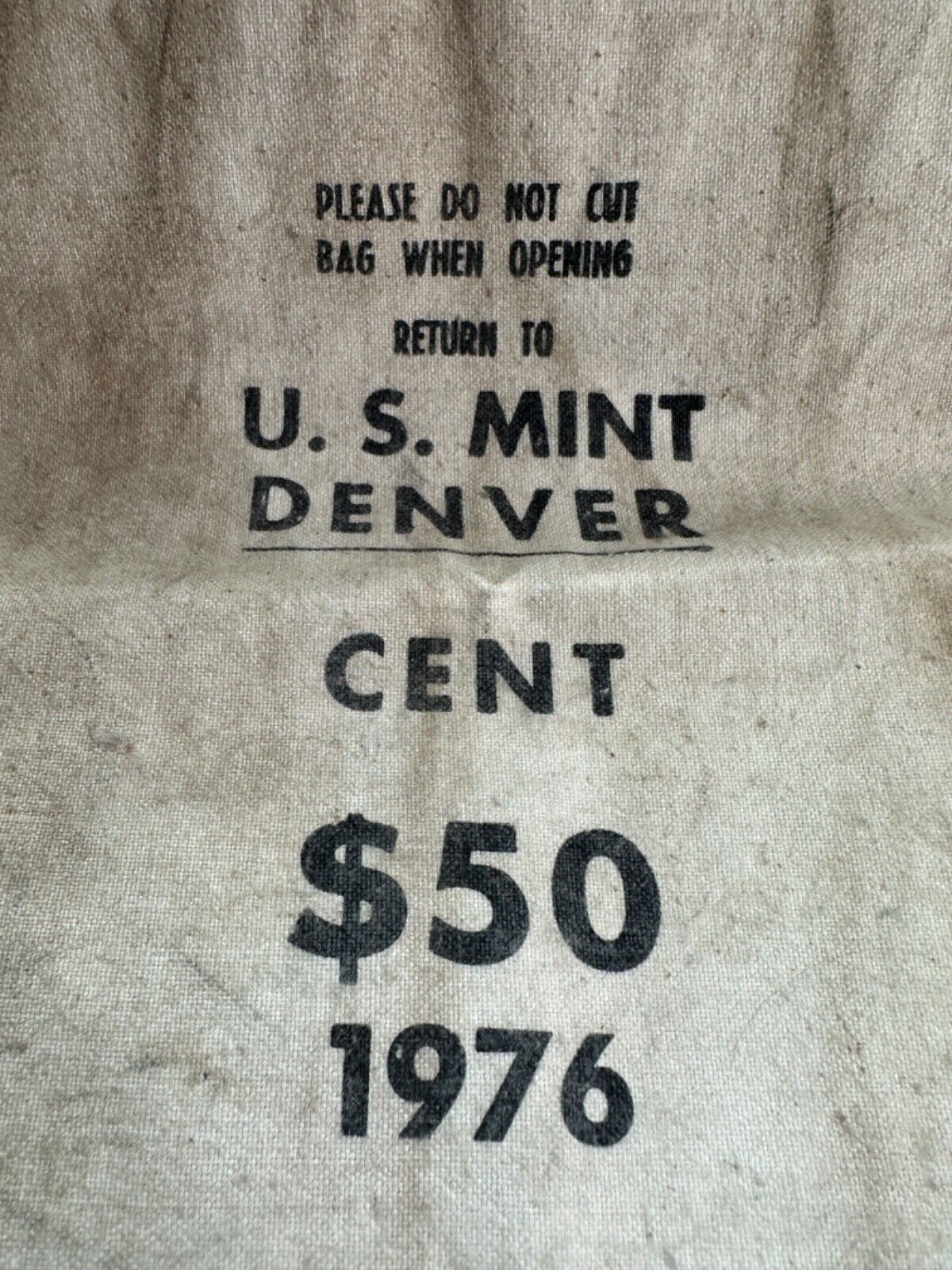 U.S. Mint Denver/Phila Cent $50 1975,76 Canvas Bank Coin Bag-Used Conditon