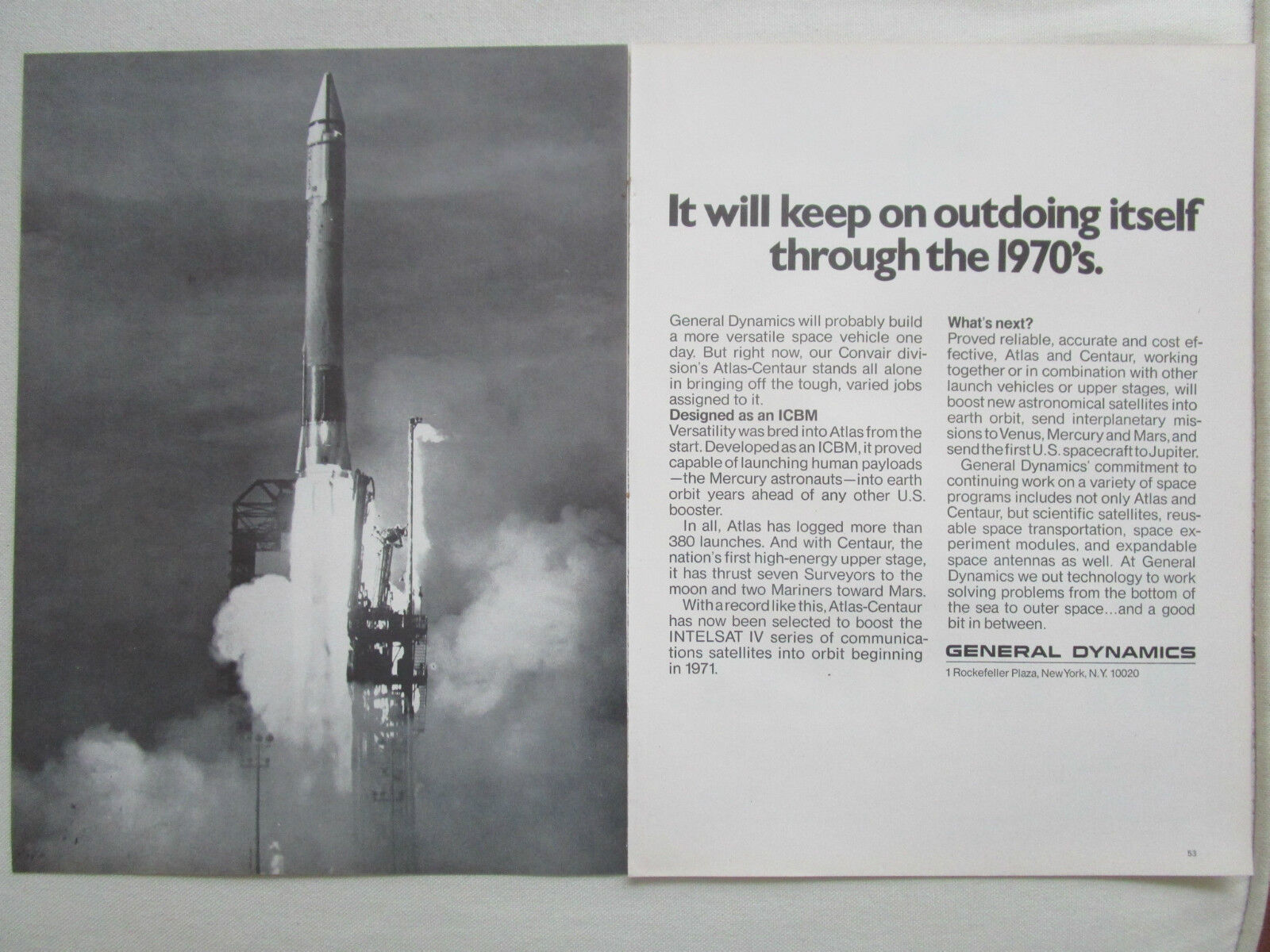 5-7/1970 PUB GENERAL DYNAMICS 380 LAUNCHES ATLAS CENTAUR ICBM SATELLITE AD